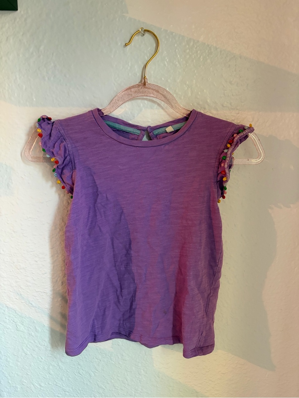 Mini Boden Purple Short Sleeve Tee with Colorful Pom-Pom Trim